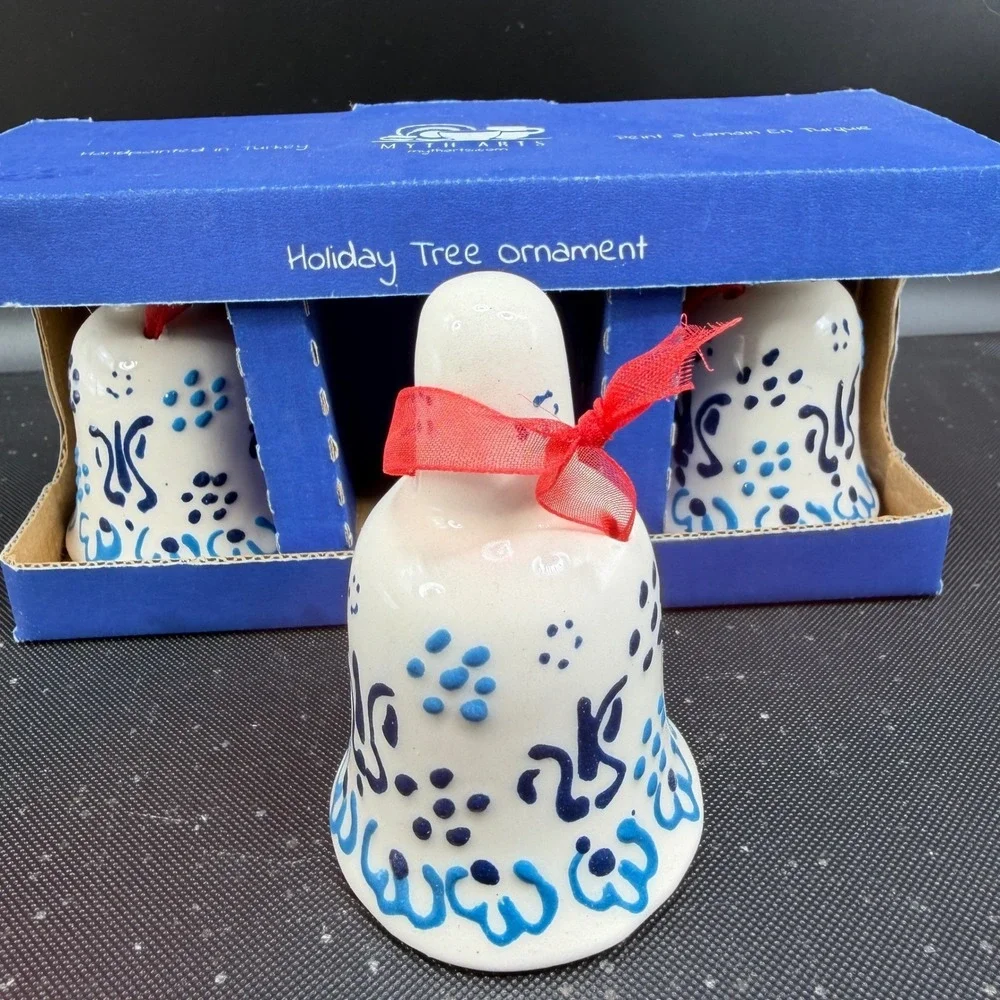 Myth Arts Ceramic Bell Ornaments Set 3 Handpainted Turkey Blue White Holiday NEW